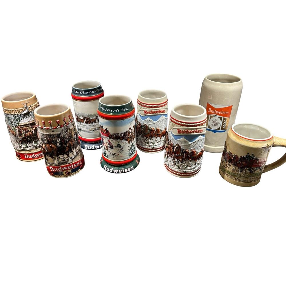 Budweiser Stein Lot Of 8 Ceramart Brazil, Germany Clydesdales, A series 1990-91